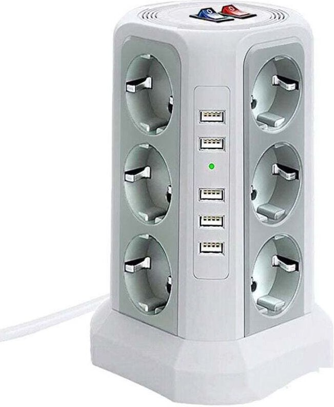 Überspannungsgeschützter Steckdosenturm, elektrische Steckdosenleiste mit 5 USB-Anschlüssen und 12 Steckdosen, Steckdose...