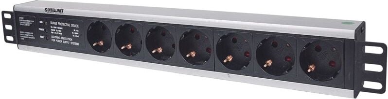 INTELLINET 48,3cm 19Zoll Steckdosenleiste 7-fach SCHUKO mit Ueberspannungsschutz 3m Stromkabel 1,5 H