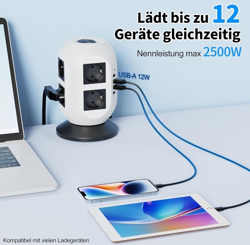 8-fach Steckdosenleiste mit Überspannungsschutz, 2 USB-Ladeanschlüssen, 2 m Kabel, 2 Schaltern (Schwarz-weiß)