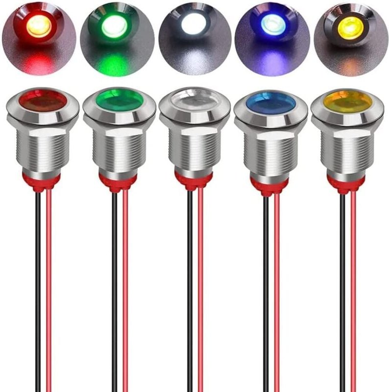 Jusch - 5 Stück 12 mm 12/24 vdc LED-Metallanzeige – wasserdichte Lichtsignal-Pilotlampe Richtungs-Armaturenbrett mit Dra...