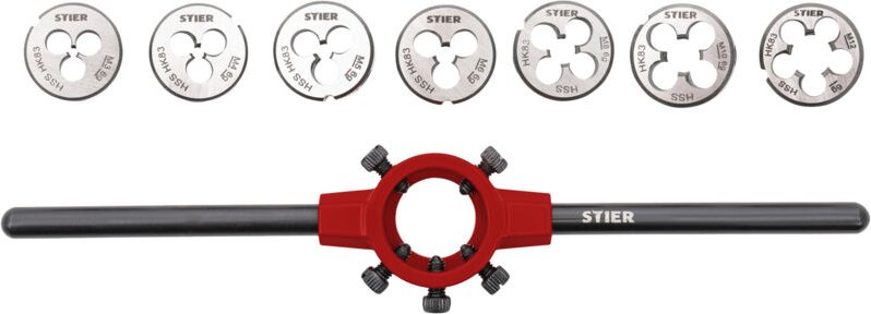 STIER Schneideisen-Satz HSS 25x9 M3-M12 8-tlg., Außengewindeschneider in stabiler Kassette, ZAMAK-5, normgerecht Werksno...