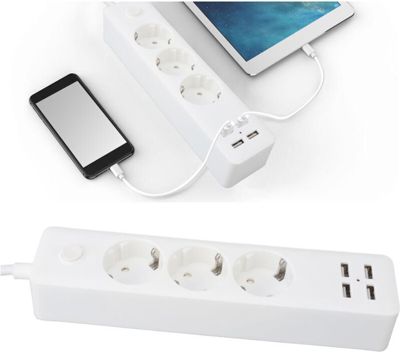 3-fach-Steckdosenleiste (Euro-Stecker), 2200 W, 4 USB-Anschlüsse, 1,8 m Kabel, universelle Steckdosenleiste mit Schalter...