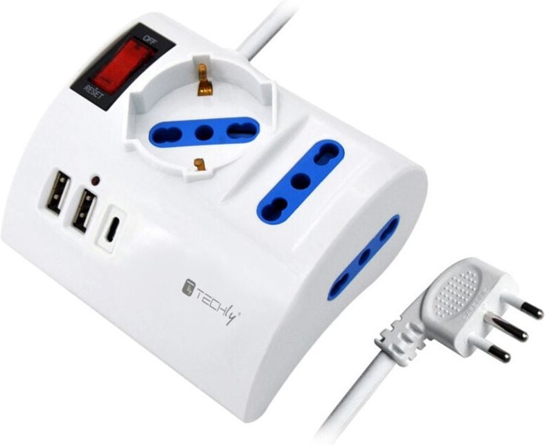 Techly IUPS-PCP-3DESK-USBC Verlängerungskabel 1,5 m 3 AC-Ausgänge Drinnen Weiß