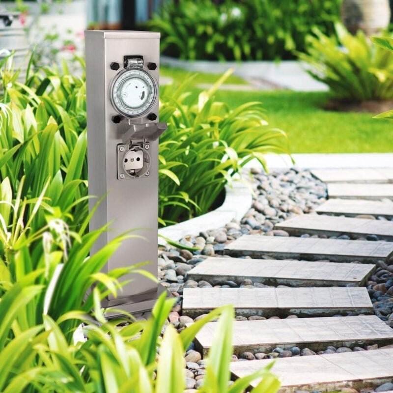 Garten Steckdosensäule für außen - Farbe: Edelstahl - Ausführung: 3 Steckdosen mit Zeitschaltuhr/Timer