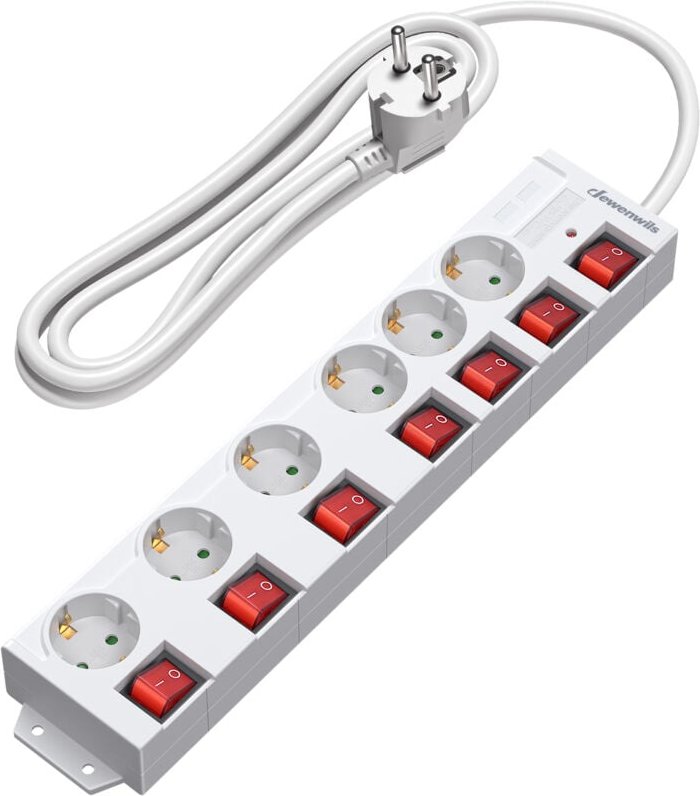 6-fach Steckdosenleiste mit Schalter, 5 m Kabel, 230V 3680W, Weiß - Dewenwils
