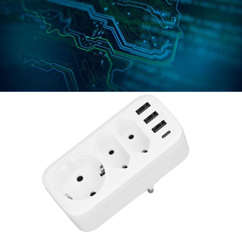 7-in-1-Mehrfachsteckdosenadapter, 3-fach-Adapter, 3 USB-Anschlüsse, 1 USB-C-Anschluss, AC100–250V-Umwandlung