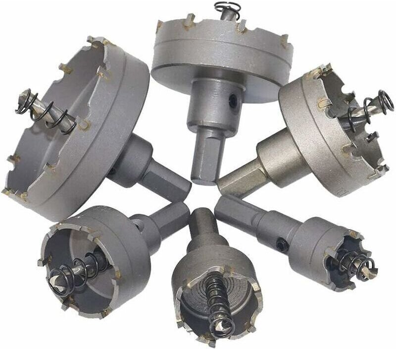 Set mit 6 großen Hartmetall-Lochsägen für Bügelsägen, Lochsägenadapter, Bohrsäge für Kunststoff, Edelstahl, Metall und H...