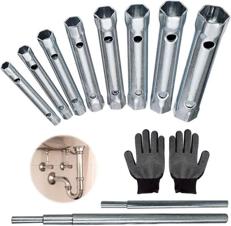 Set mit 10 Rohrsteckschlüsseln, Steckschlüsseln und einem Paar schwarzer Handschuhe zur Installation und Reparatur von F...
