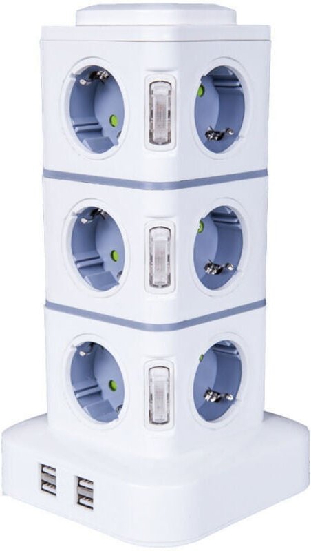 Steckdosenturm, 12 Steckdosen (2500 W/10 A) mit 4 USB-Anschlüssen, mehrere Steckdosen, vertikaler Steckdosenleisten-Über...