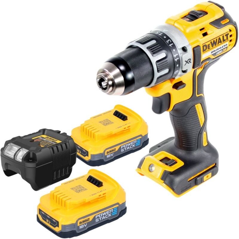 DeWalt DCD 791 E2 Akku Bohrschrauber 18 V 70 Nm Brushless + 2x Powerstack Akku 1,7 Ah + Ladegerät