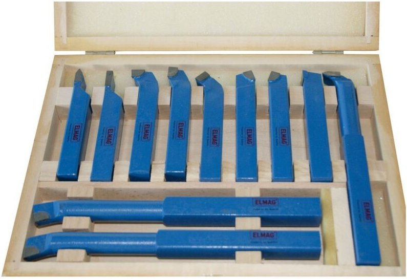 ELMAG Drehstähle-Satz 20x20 mm, 11-tlg., mit aufgelöteten HM-Platten, in Holzkassette