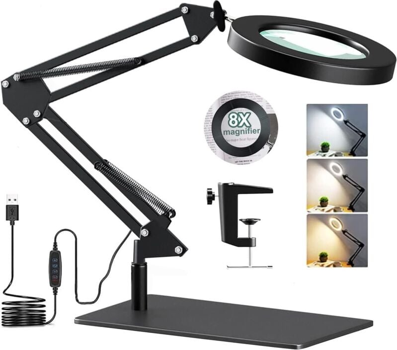 Thumbnail - Schreibtischlampe mit 8-facher Lupe und led, 2-in-1-Stehlupenlampe mit Sockel und Klemme, 3 Farbmodi, 10 Helligkeitsstuf...