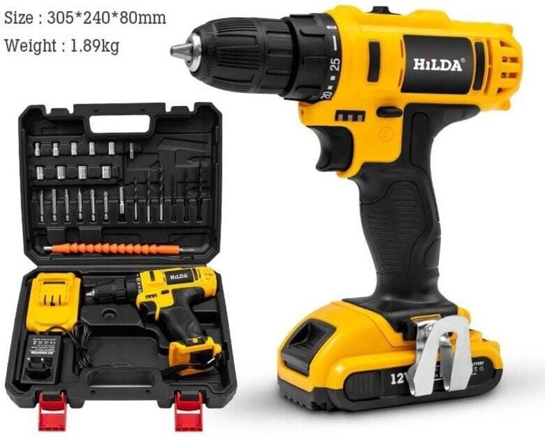 21V Akkuschrauber, 2 Geschwindigkeiten, batteriebetriebene Bohrmaschine, , 24 Zubehörteile inklusive