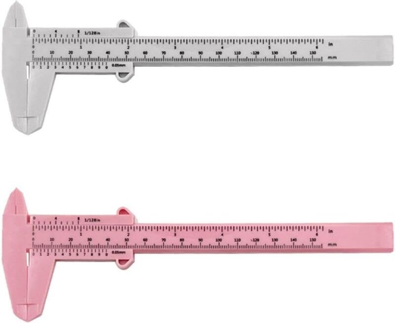 CCYKXA 2 Stück Messschieber mit Doppelskala aus Kunststoff, Messwerkzeuge, Schülerlineal, Mini-Messlineal (weiß, rosa)