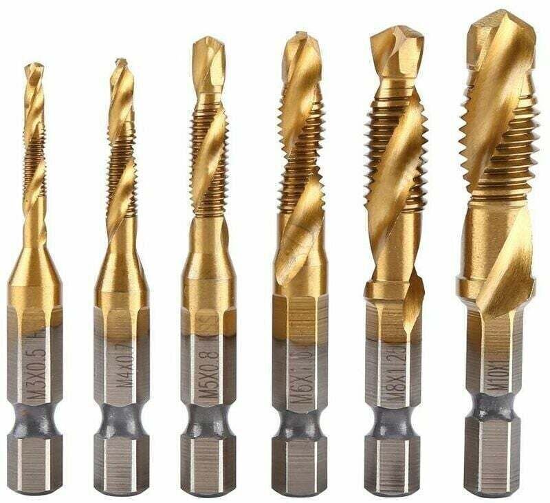 Lot de 6 Tarauds Filetés Métriques M3 à M10 Revêtement Titane HSS Queue Hexagonale 1/4 pour Filetage