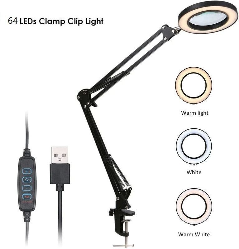 Vergrößerungsglas mit Clip, LED-Beleuchtung, 5-facher Vergrößerung, dimmbare Schreibtischlampe mit 3 Farbtemperaturen, U...