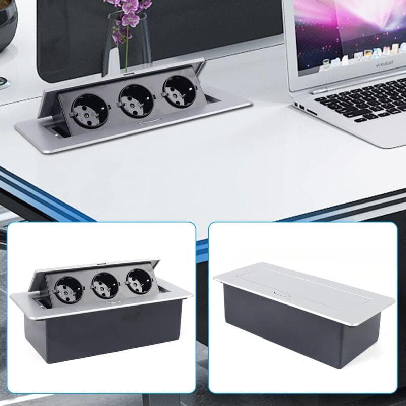 3-Fach Wand Einbausteckdose Tischsteckdose aus Aluminiumlegierung, Desktop-Stecker Schwarz Versenkbar für Küche Büro