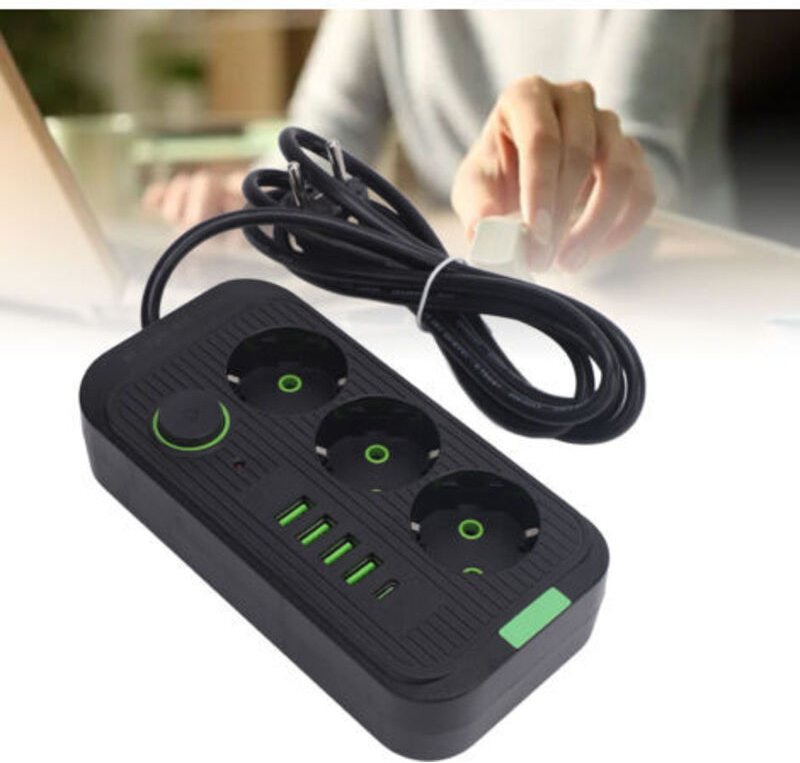 Europäisches Netzteil 3 Steckdosen 4 USB-Anschlüsse 1 Typ C mit 2 m Kabel für Wandsteckdosenverlängerung -- Trimec