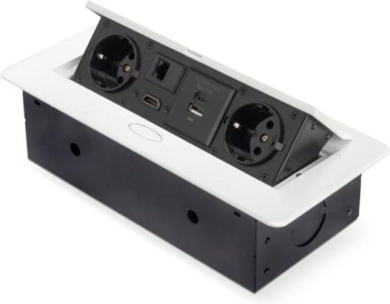 Multistecker Atom 26, 225x111mm, 2 Schuko-Stecker, 1 usb Typ a, 1 usb Typ c, 1 RJ45, 1 hdmi, Zamak-Stahl-Kunststoff, Wei...