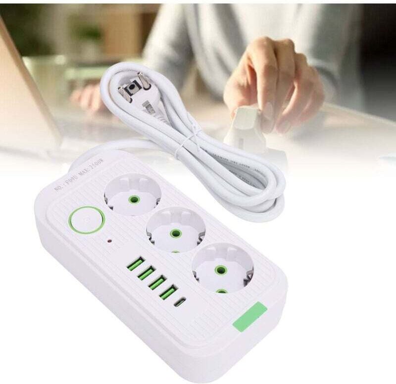 Europäische Steckdosenleiste 3 Steckdosen 4 USB-Anschlüsse 1 Typ c mit 2 m Kabel--