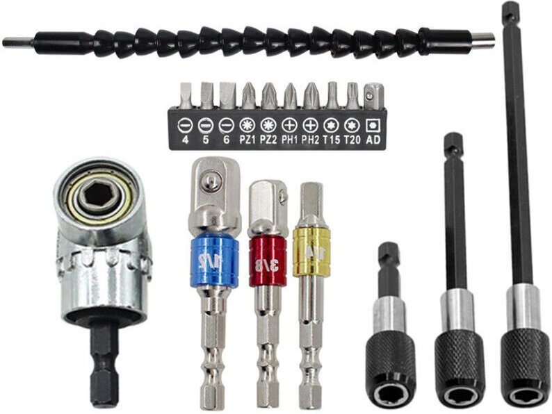 Flexibles Bohrverlängerungsset, bestehend aus einer um 105° biegbaren Bohrverlängerung, 3 Universal-Steckschlüsseladapte...