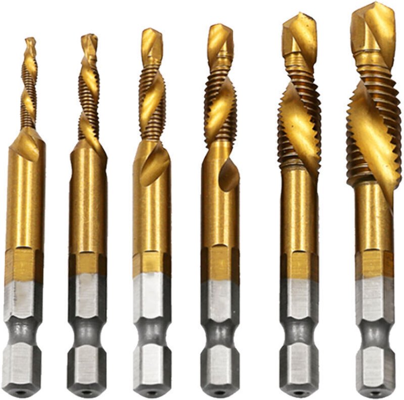6-teiliges Kombinations-Gewindebohrer- und Bohrerset, metrische Gewindebohrer und Bohrer aus HSS 4341, 3-in-1-Sechskants...