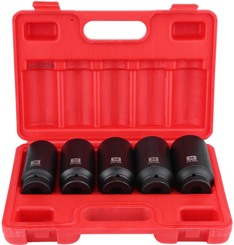 Satz mit 5 Innensechskant-Steckschlüsseln für Radnabenmuttern, 1/2 Zoll, 30-36 mm, professionelles Werkzeugzubehör.