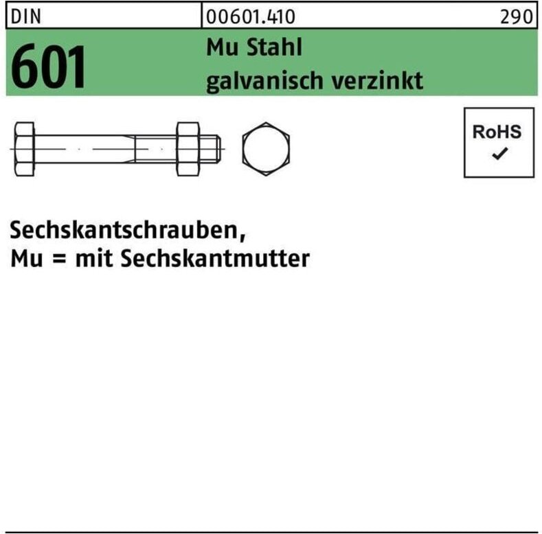 Thumbnail - Din 601/ISO 4016 Sechskant-Schaftschraube M24x160 Stahl 4.6 galvanisch verzinkt m. Mutter 10 Stk