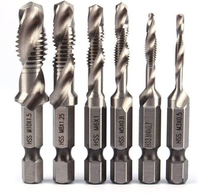 Vtizikl 6pcs HSS Jeu de Foret Mèche à 1/4" Tige Hexagonale Set Robinet de Foreuse de Combinaison HSS Bit M3-M10 Filetage...