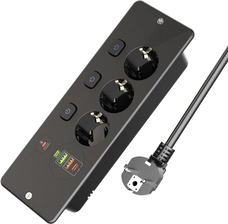 Einbau-Steckdosenleiste mit 3 Steckdosen, 2 USB-A- und 2 USB-C-Anschlüssen, Einbau-Tischsteckdose mit Einzelschalter für...