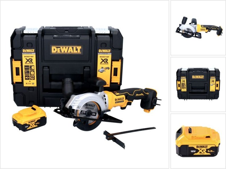 DeWalt DCS 571 Akku Handkreissäge 18 V 115 mm Brushless + 1x Akku 5,0 Ah + TSTAK - ohne Ladegerät