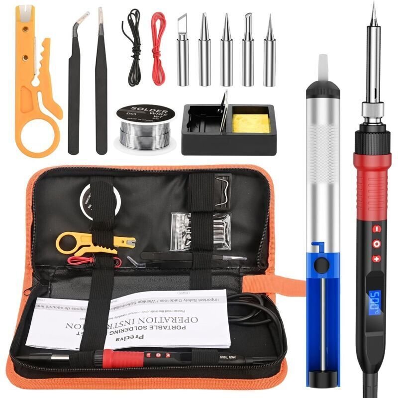 Lötset, 80-W-Lötkolben mit einstellbarer Temperatur und LCD-Bildschirm (220–500 °C), Lötstation, Lötbrenner, Lötdraht, 5...