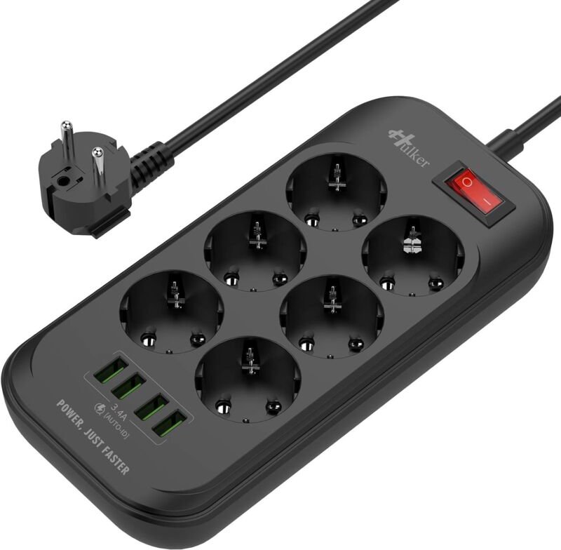USB-Steckdosenleiste mit 6 Steckdosen, 4 USB-Anschlüssen, Überspannungsschutz, elektrische Steckdosenleiste mit 2 m Kabe...