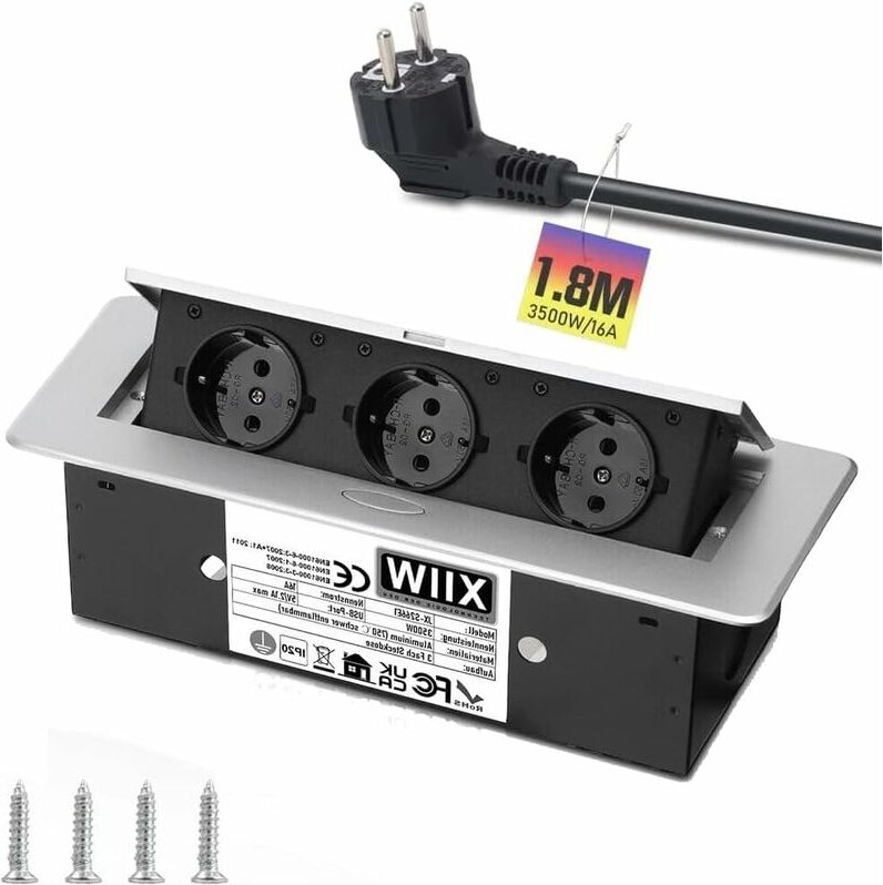 Aluminium Versenkbare Einbausteckdose, 3500W/16A/230V, 3 Fach Tischplatte Versenkte Steckdose arbeitsplatte, Tischsteckd...