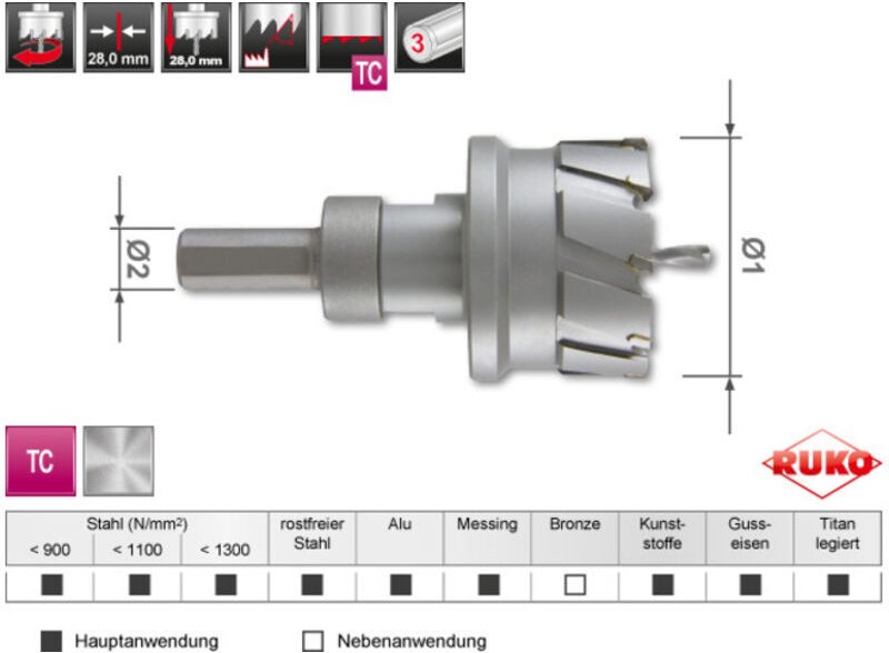 RUKO Hartmetall Mehrbereichslochsäge MBL Ø 48 mm