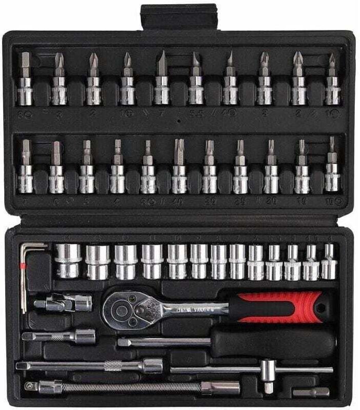 1/4"-Drehmomentschlüssel, voll einstellbarer Drehmomentschlüssel mit Ratschenkopf (5–25 Nm) und 46-teiliges Handwerkzeug...