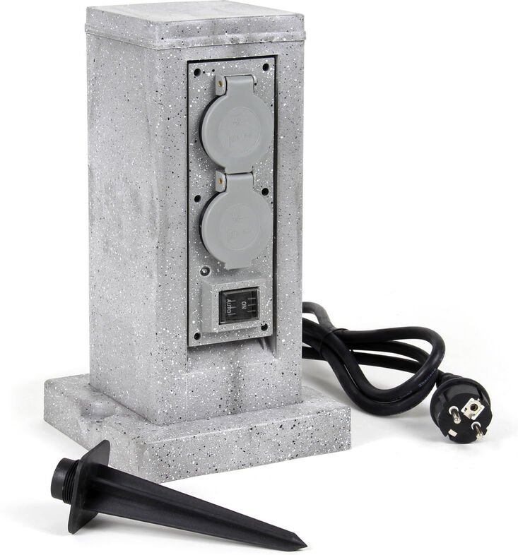 Steckdosensäule 4fach in Granitoptik, IP44, Außensteckdose mit Sensor für Dämmerung und 1,5m Kabel