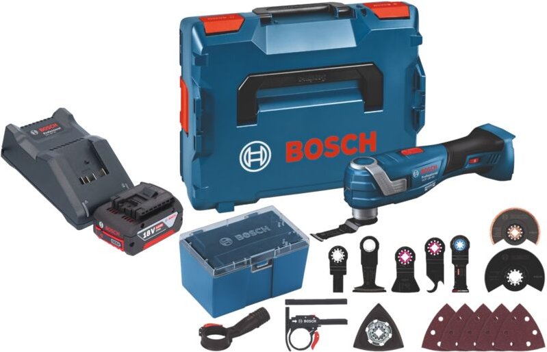 Bosch gop 18V-34 Professional Akku Multi Cutter 18 v Starlock Plus + 1x Akku 4,0 Ah + Ladegerät + 17 tlg. Zubehör + L-Bo...