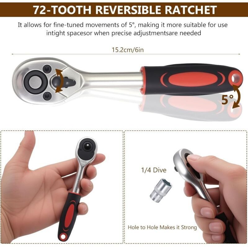 46-teiliger 1/4-Zoll-Steckschlüsselsatz, Schnellverschluss-Steckschlüsselsatz mit umkehrbarer Ratsche für Kfz-Reparature...