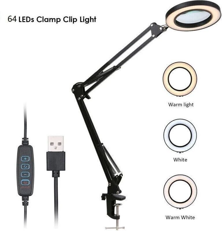 Vergrößerungsglas mit Clip, LED-Beleuchtung, 5-fache Vergrößerung, einstellbare Helligkeit, dimmbar, 3 Farben, Farbtempe...