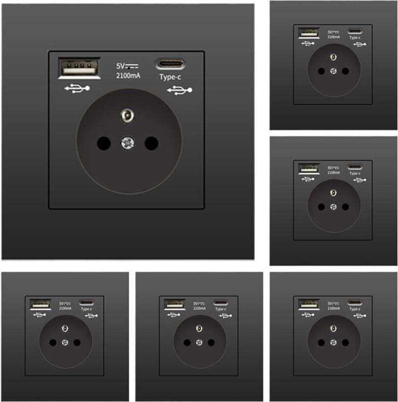 6er-Pack Wandsteckdosen mit USB und Typ-C, 5 V 2,1 A, Standard-EU-Einbausteckdose mit USB-Anschluss, französische Steckd...