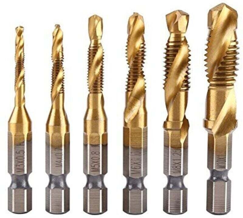 Satz von 6 Gewindebohrern, Gewindebohrer, metrisches Gewinde M3-M10 mit HSS-Titanbeschichtung und 1/4"-Gewindebohrer mit...