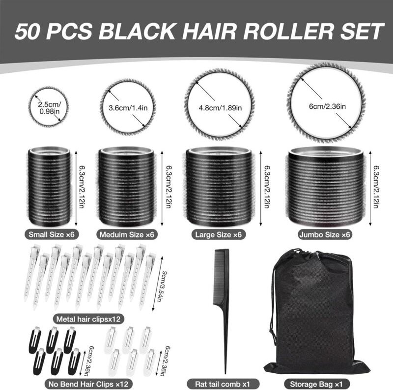 50 Stücke Lockenwickler Set, Selbsthaftend, Volumen, mit 24 Edelstahl-Clips für Alle Haarlängen