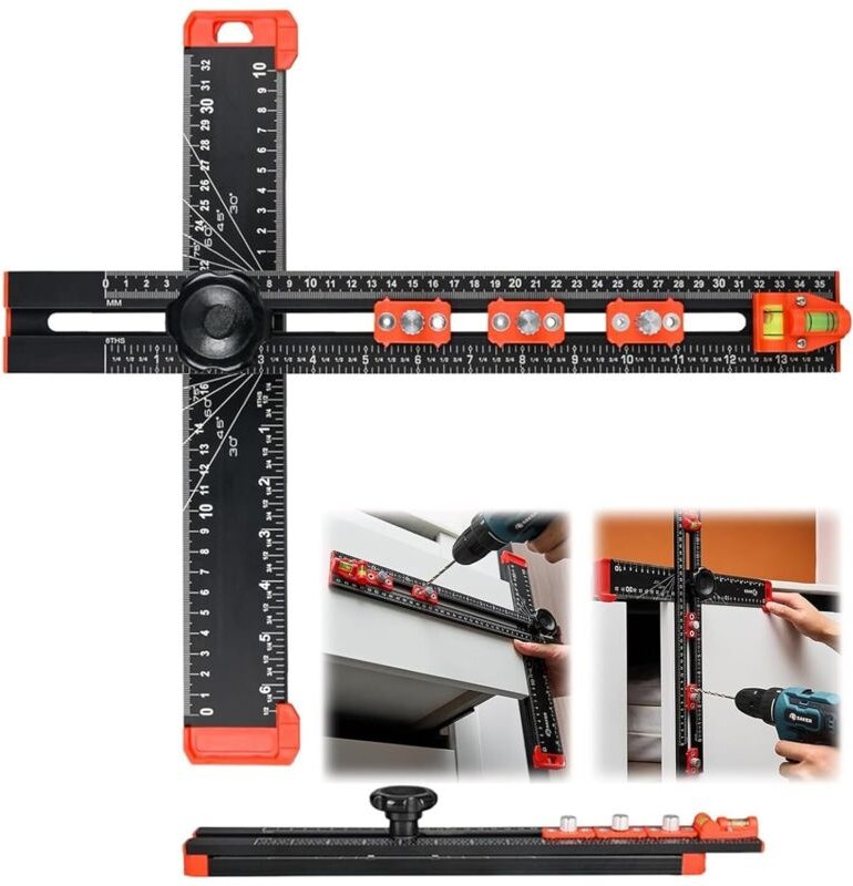 4-in-1-Bohrpositionierungslineal aus Aluminium mit doppelter Wasserwaage – Länge und Winkel verstellbar – für Regal- und...