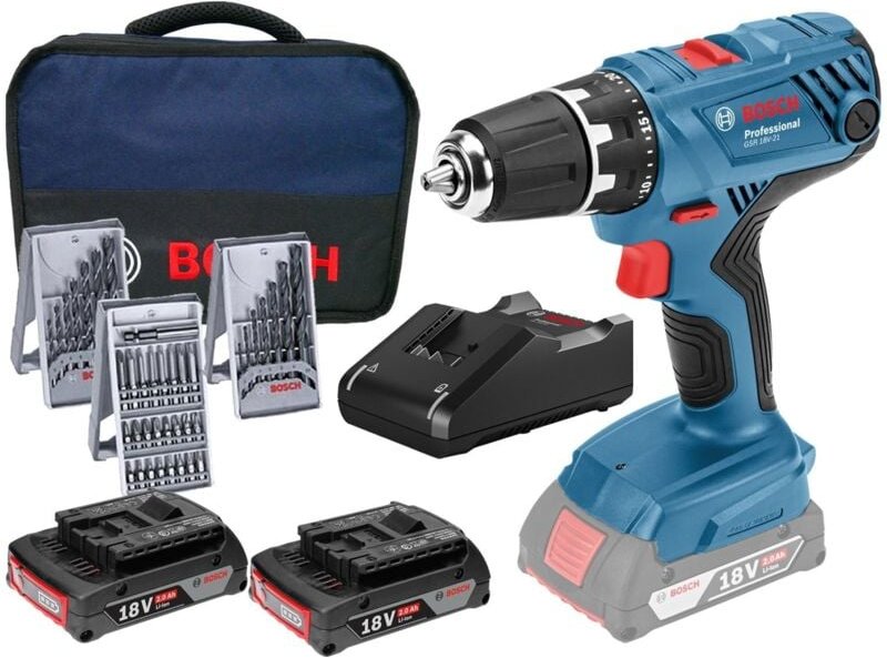 Bosch Akku-Bohrschrauber GSR 18V-21 / 2x 2,0 Ah Akku + Ladegerät im Softbag inkl. Zubehör-Set
