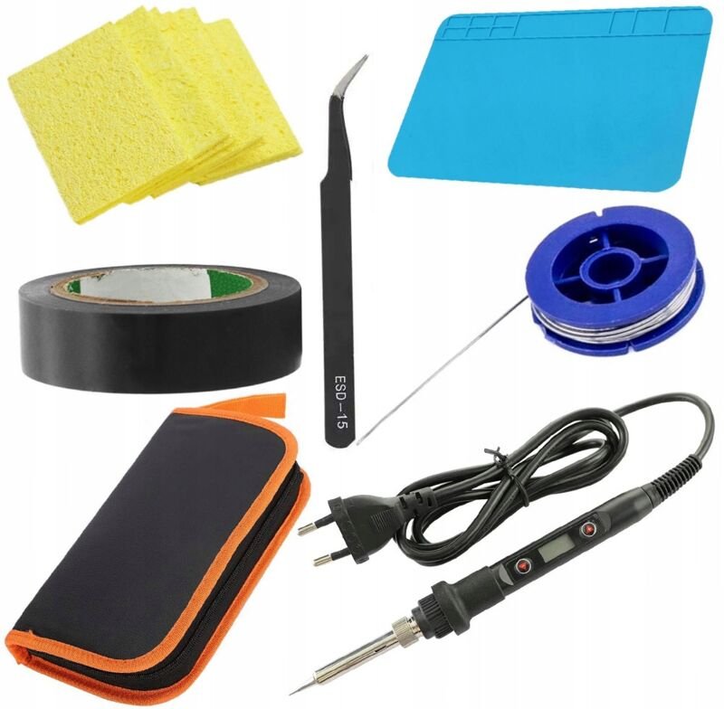 Rosfix Lötkolben 80W OC80W + Matte 20x30 + Schwamm + Dose 0,8x10 + gebogene Pinzette + schwarzes Isolierband + Federmäpp...