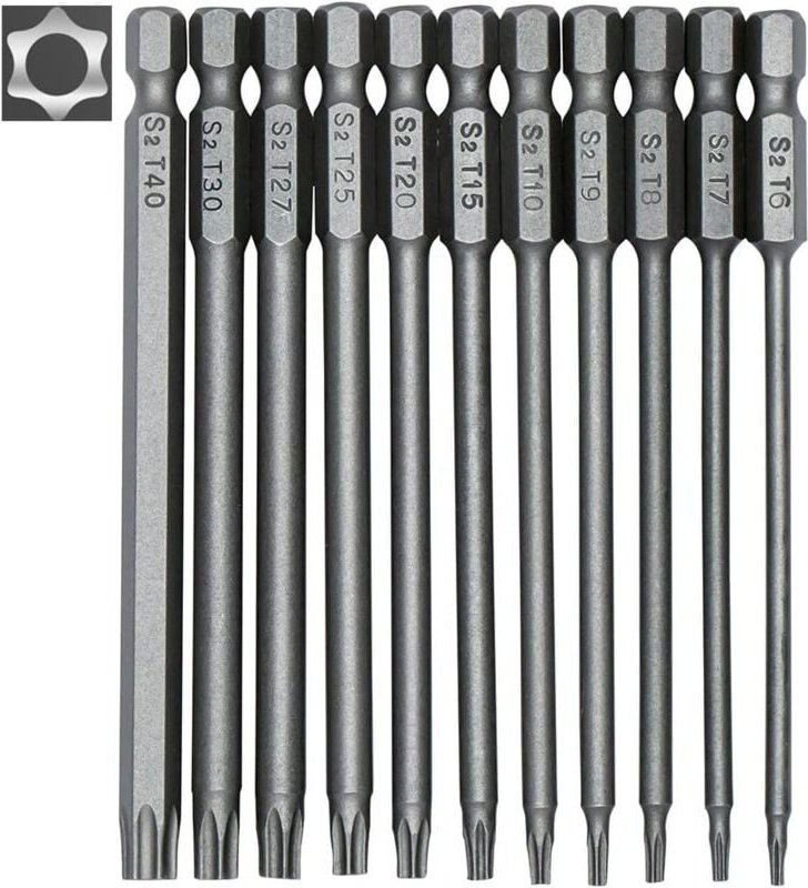Set mit 11 langen Torx-Bits für Schraubendreher und Elektroschrauber – Magnetische Bits – 1/4-Zoll-Sechskantschaft – Grö...