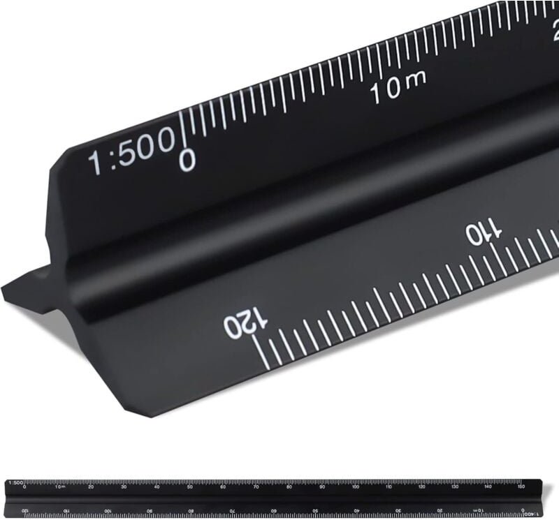 30 cm Maßstabslineal, dreieckiges Metalllineal für Architekten 1:100, 1:200, 1:250, 1:300, 1:400, 1:500 (Schwarz) - Ccyk...