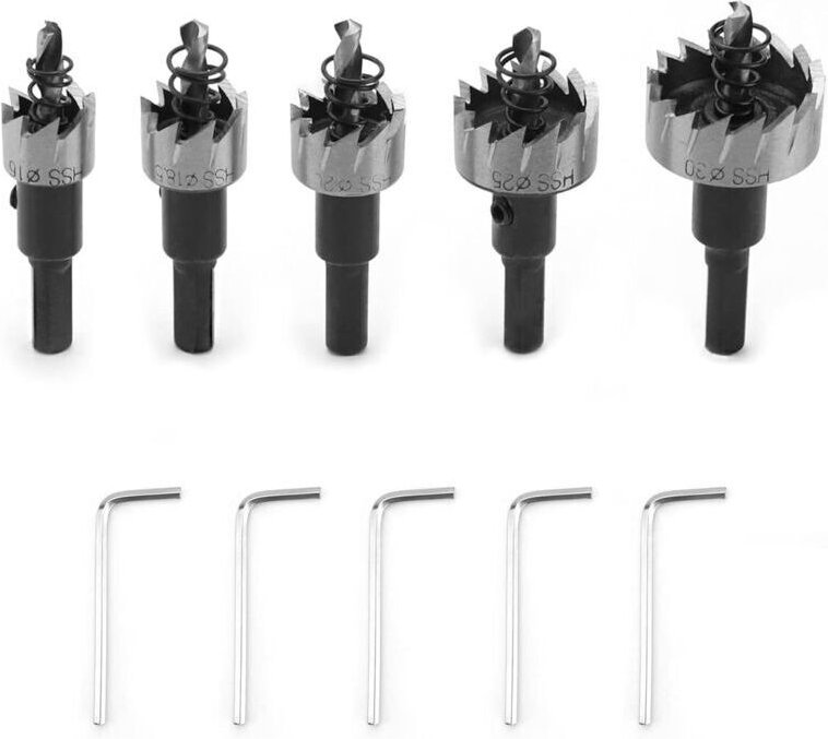 Set mit 5 HSS-Lochsägen Ø 16/18,5/20/25/30 mm für Stahl, Edelstahl, Holz, Kunststoff und Metall.