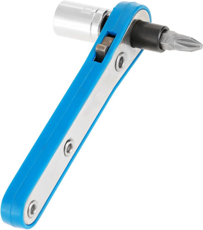 3-in-1-Schraubendreher-Set bestehend aus einem blauen Ratschenschlüssel, einer Stecknuss und einem Schraubendreher-Bit.